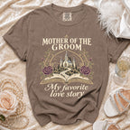 Brown t-shirt with "MOTHER OF THE GROOM, My favorite love story" text and wedding church graphic.