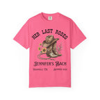 Pink t-shirt graphic with cowboy boots, lasso, and "Her Last Rodeo Jennifer's Bach" text.