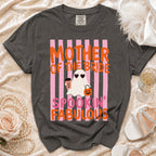 Dark gray t-shirt with "Mother of the Bride Spookin' Fabulous" text and ghost graphic.