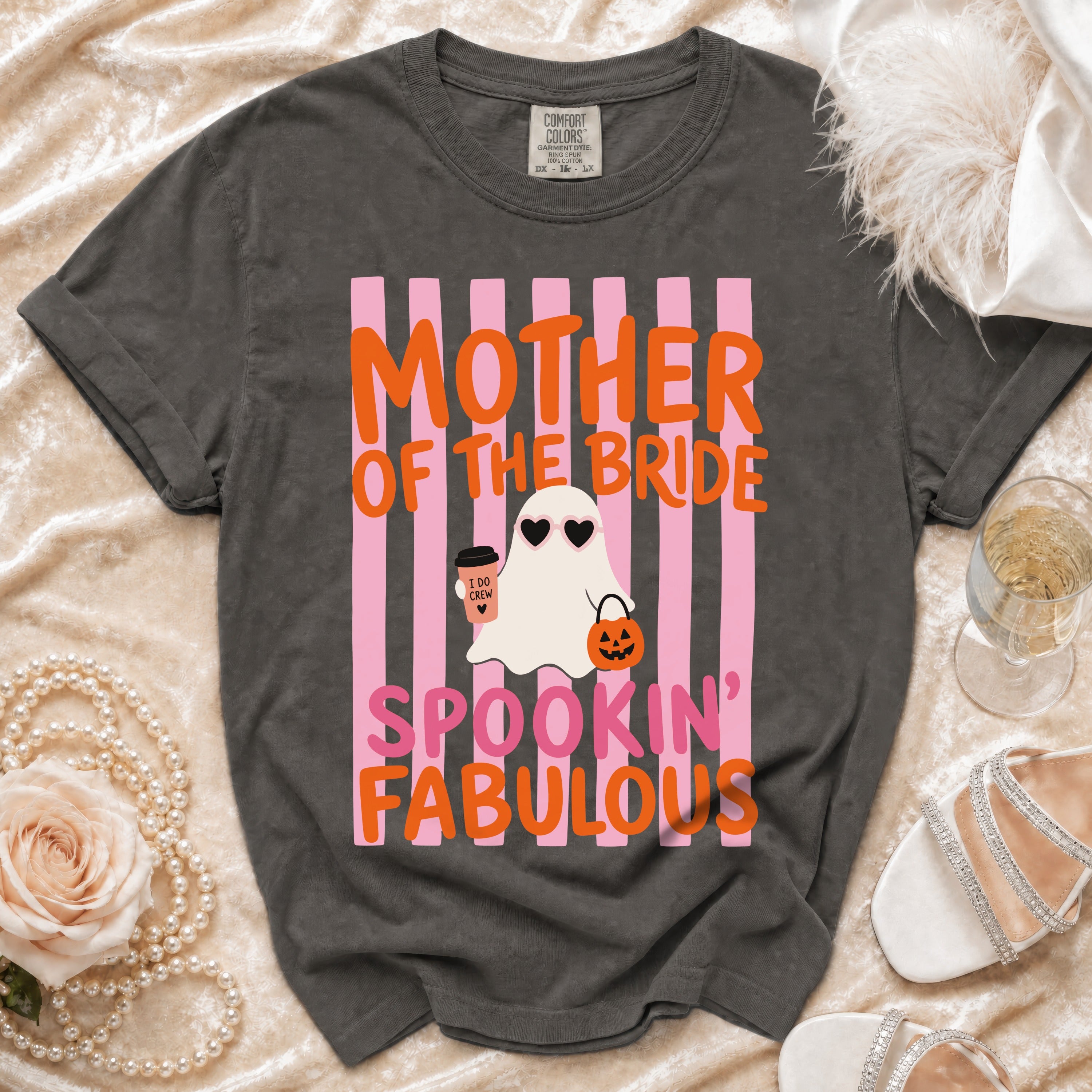 Dark gray t-shirt with "Mother of the Bride Spookin' Fabulous" text and ghost graphic.