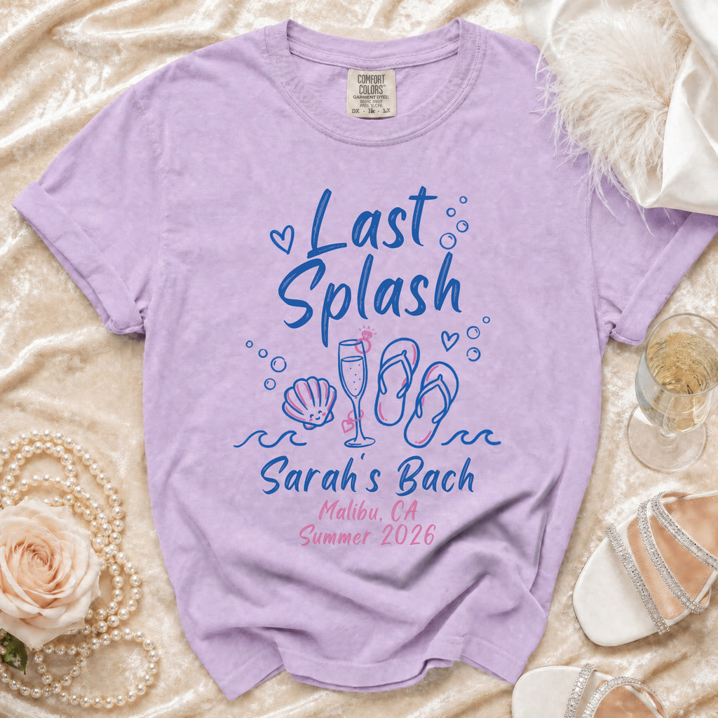 Purple t-shirt with "Last Splash Sarah's Bach Malibu, CA Summer 2026" text and graphics.