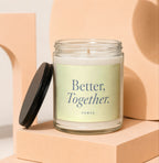 Glass candle with black lid, labeled "Better, Together. VOWED."