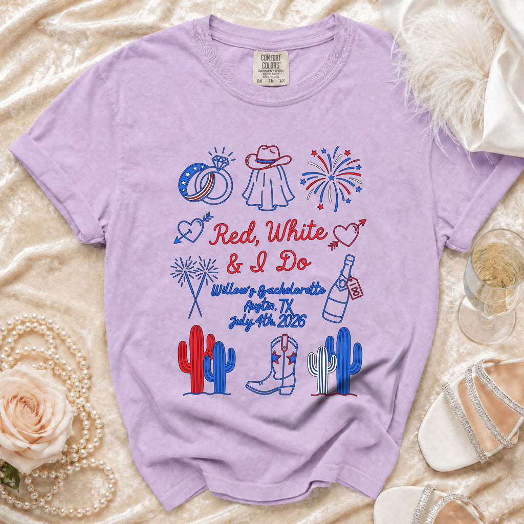 Red, White & I Do bachelorette t-shirt with Texas and patriotic graphics.