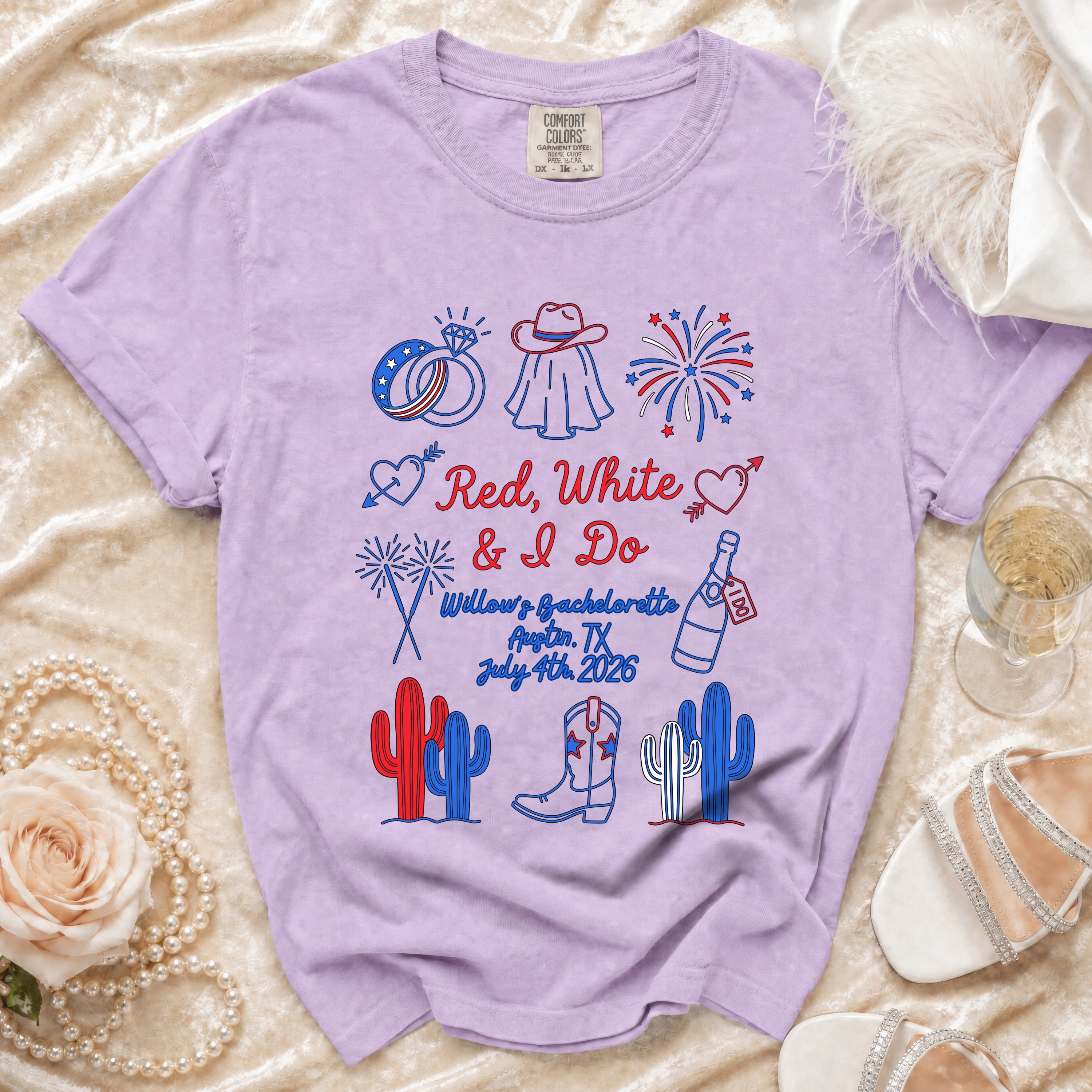 Red, White & I Do bachelorette t-shirt with Texas and patriotic graphics.