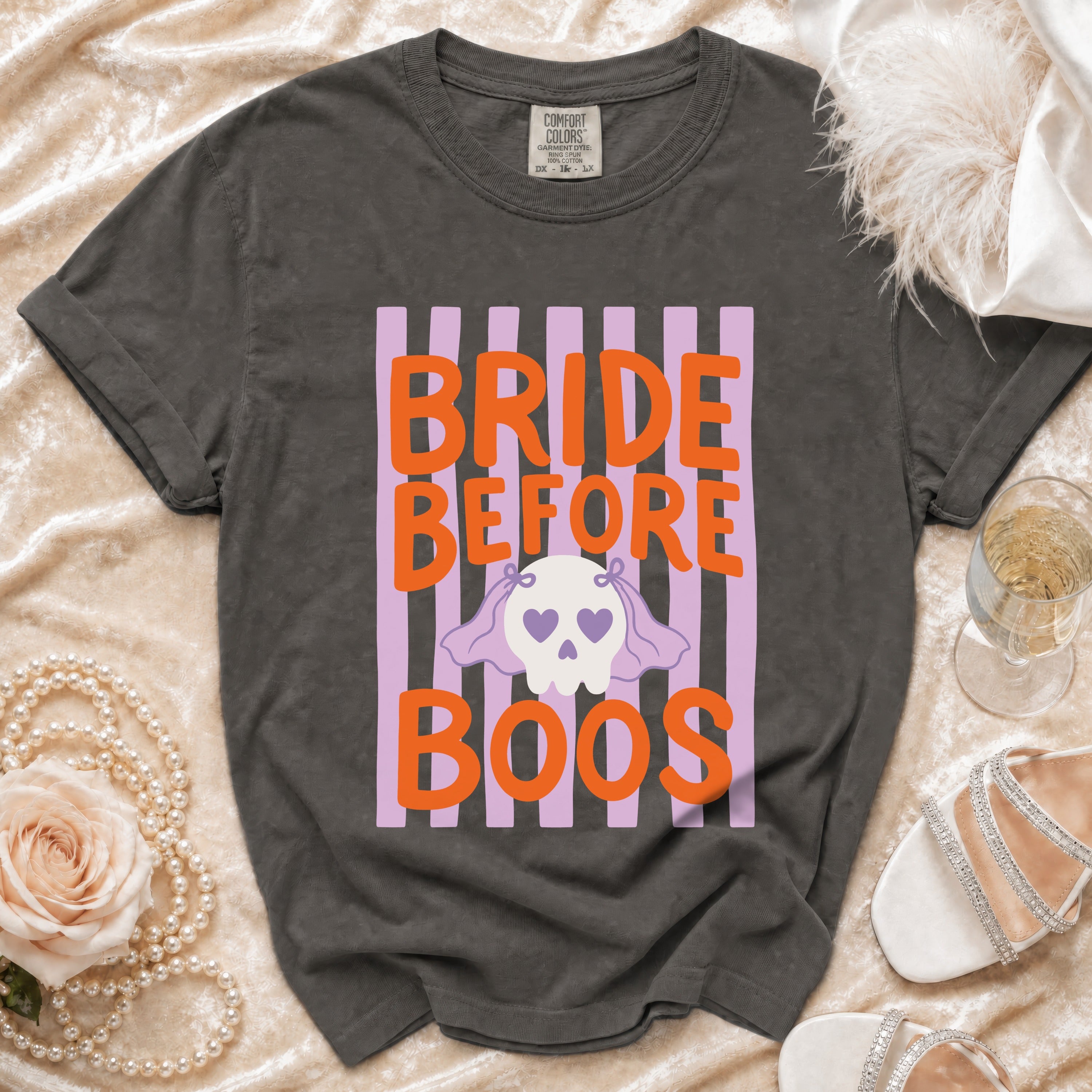 Dark gray t-shirt with "Bride Before Boos" text and ghost graphic.