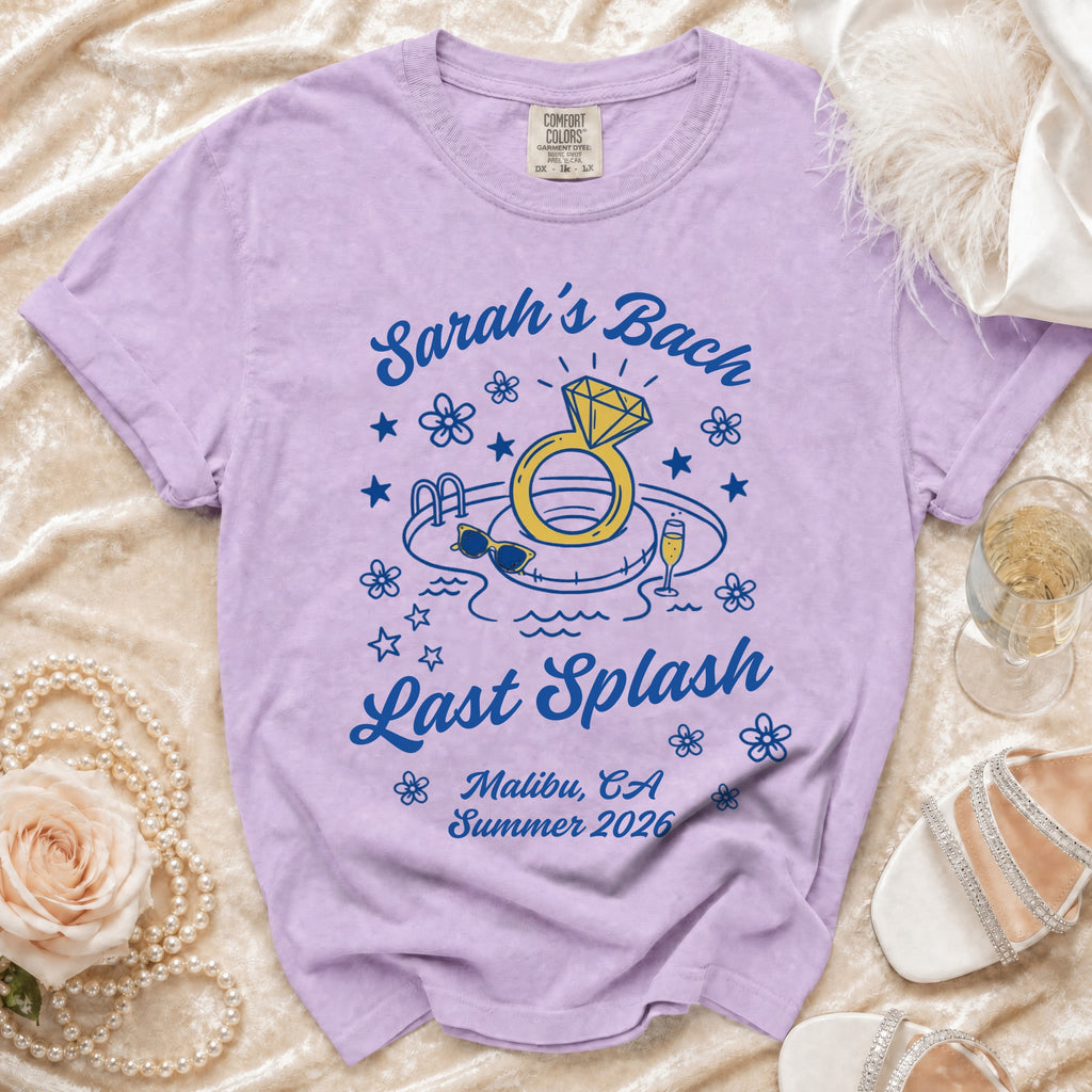 "Sarah's Bach Last Splash" t-shirt with ring, pool, and palm trees.