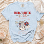 Light blue t-shirt with "RED, WHITE & I DO Willow's Bachelorette" text and patriotic graphic.