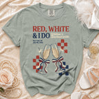 Bachelorette t-shirt with "RED, WHITE & I DO" and champagne glasses.