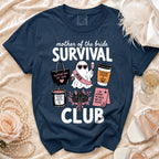 Navy blue shirt with "Mother of the Bride Survival Club" graphic.