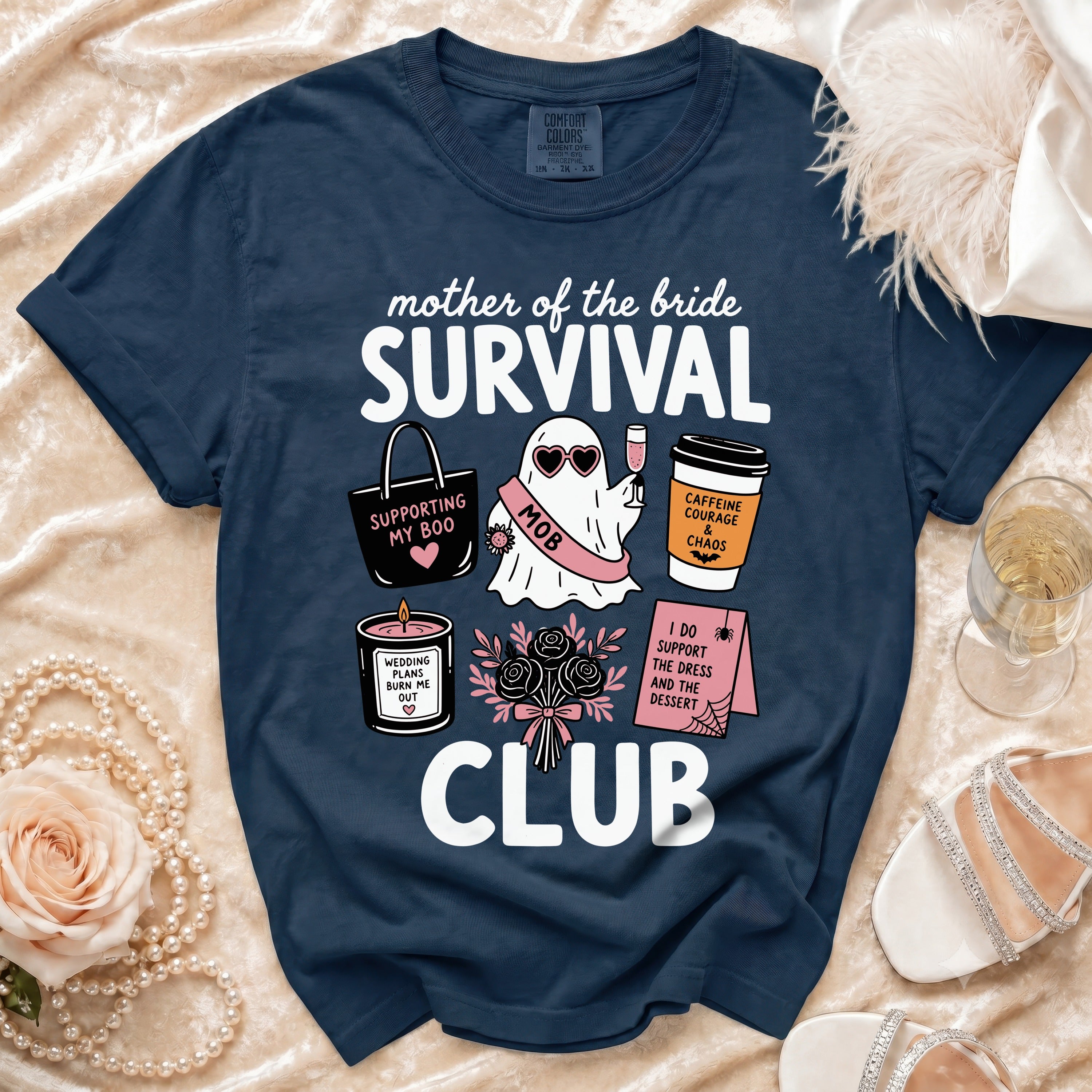 Navy blue shirt with "Mother of the Bride Survival Club" graphic.