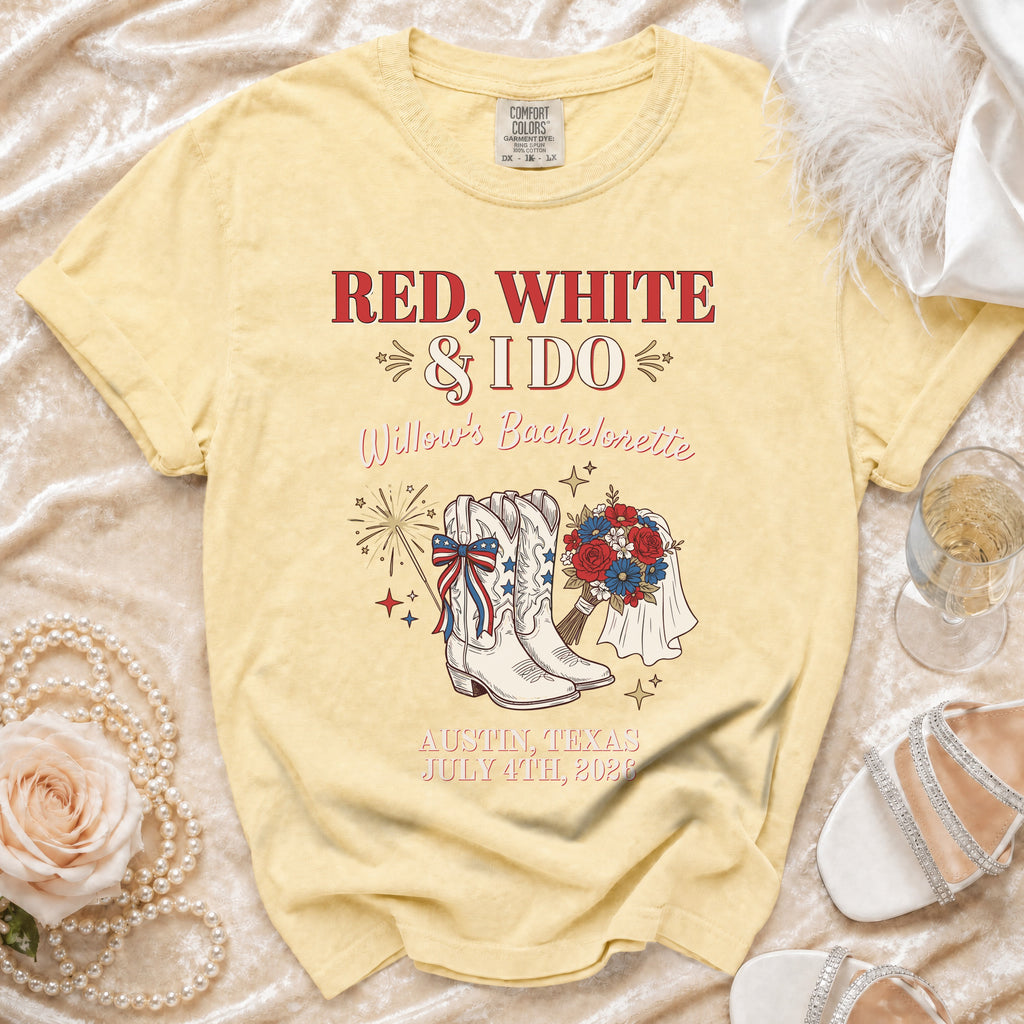 Yellow t-shirt with "Red, White & I Do Willow's Bachelorette" and patriotic graphics.