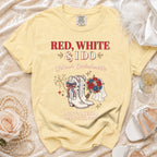 Yellow t-shirt with "Red, White & I Do Willow's Bachelorette" and patriotic graphics.