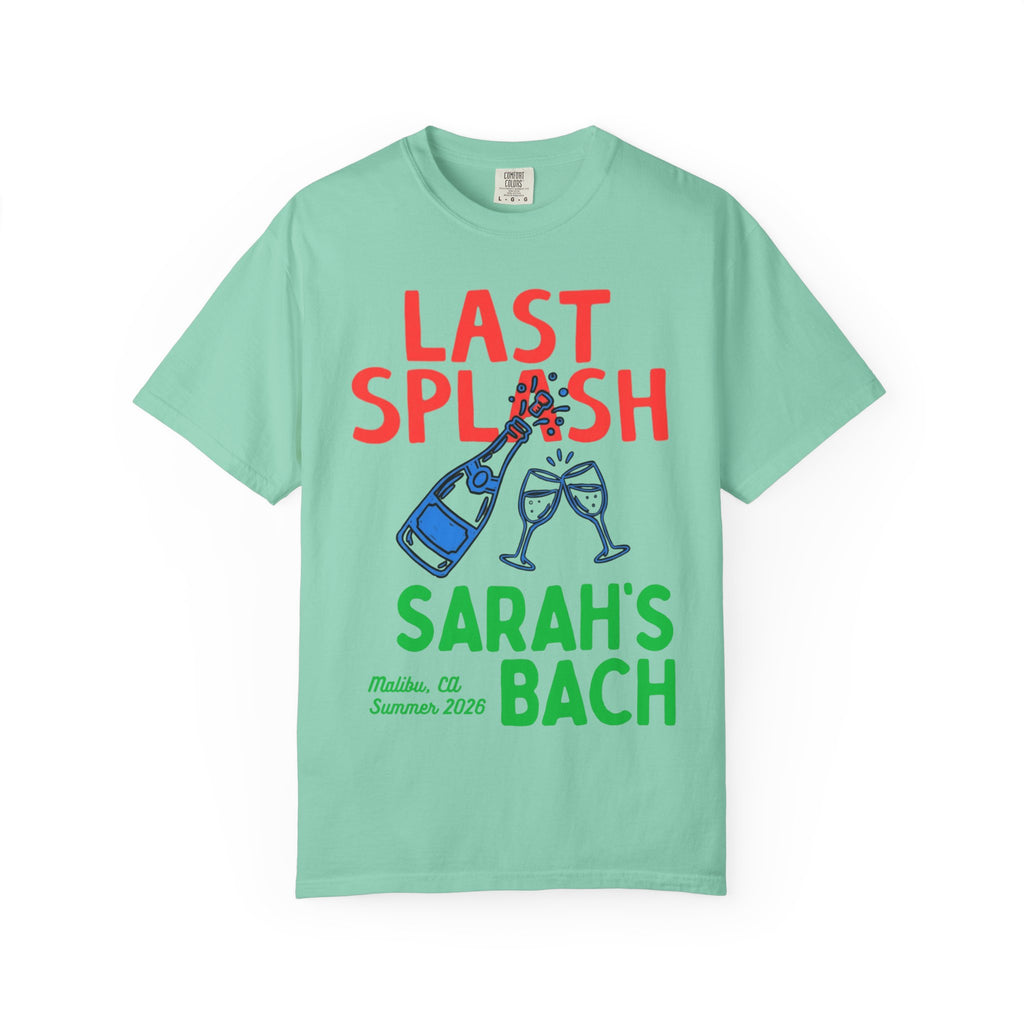 Mint green t-shirt with "Last Splash Sarah's Bach" and champagne glasses.