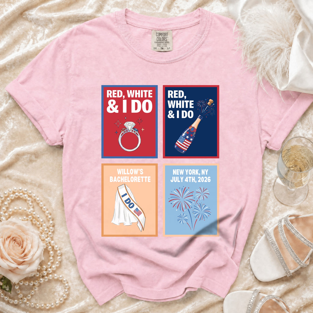 Red, White, & I Do bachelorette t-shirt with fireworks and champagne graphics.