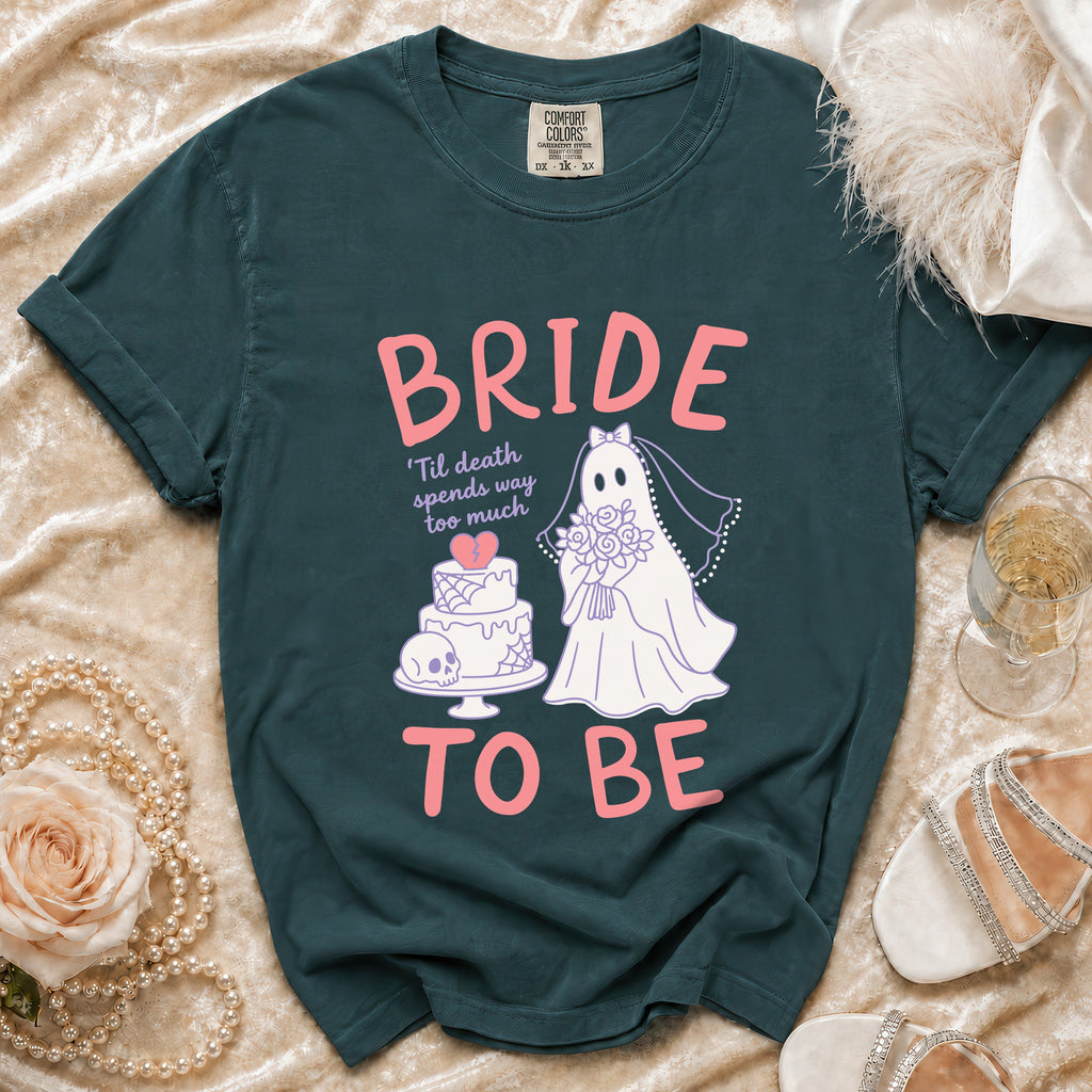 Bride to Be t-shirt with ghost bride, cake, and skull graphic.