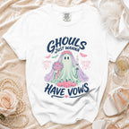 White t-shirt with "GHOULS JUST WANNA HAVE VOWS" graphic of a ghost bride.