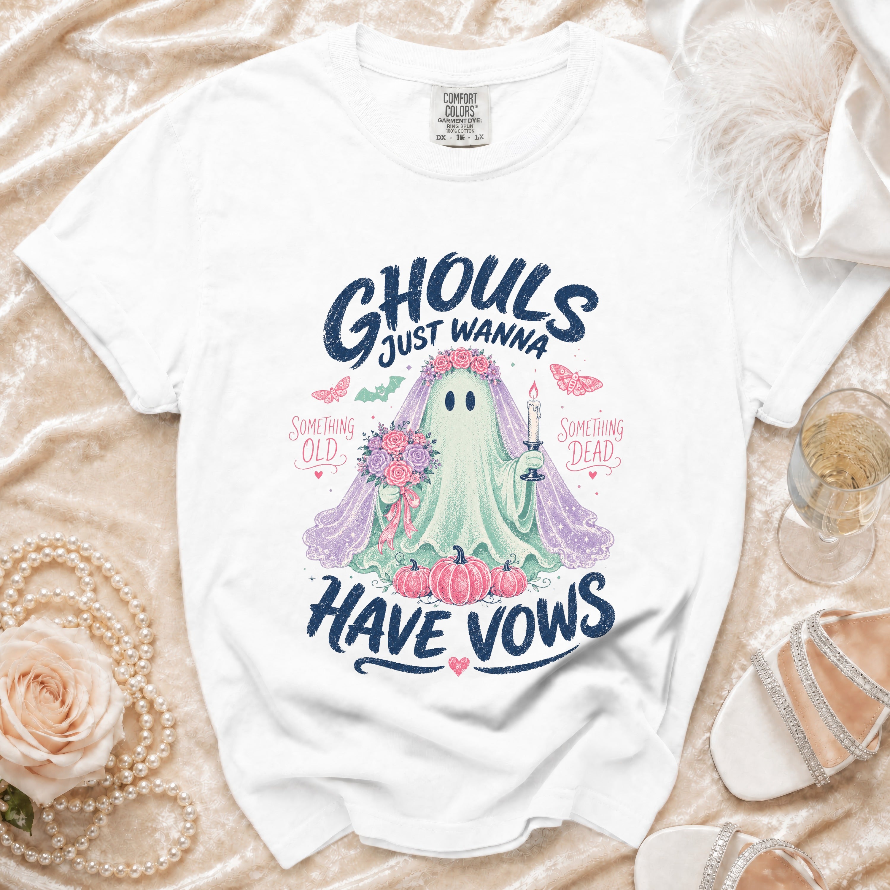 White t-shirt with "GHOULS JUST WANNA HAVE VOWS" graphic of a ghost bride.