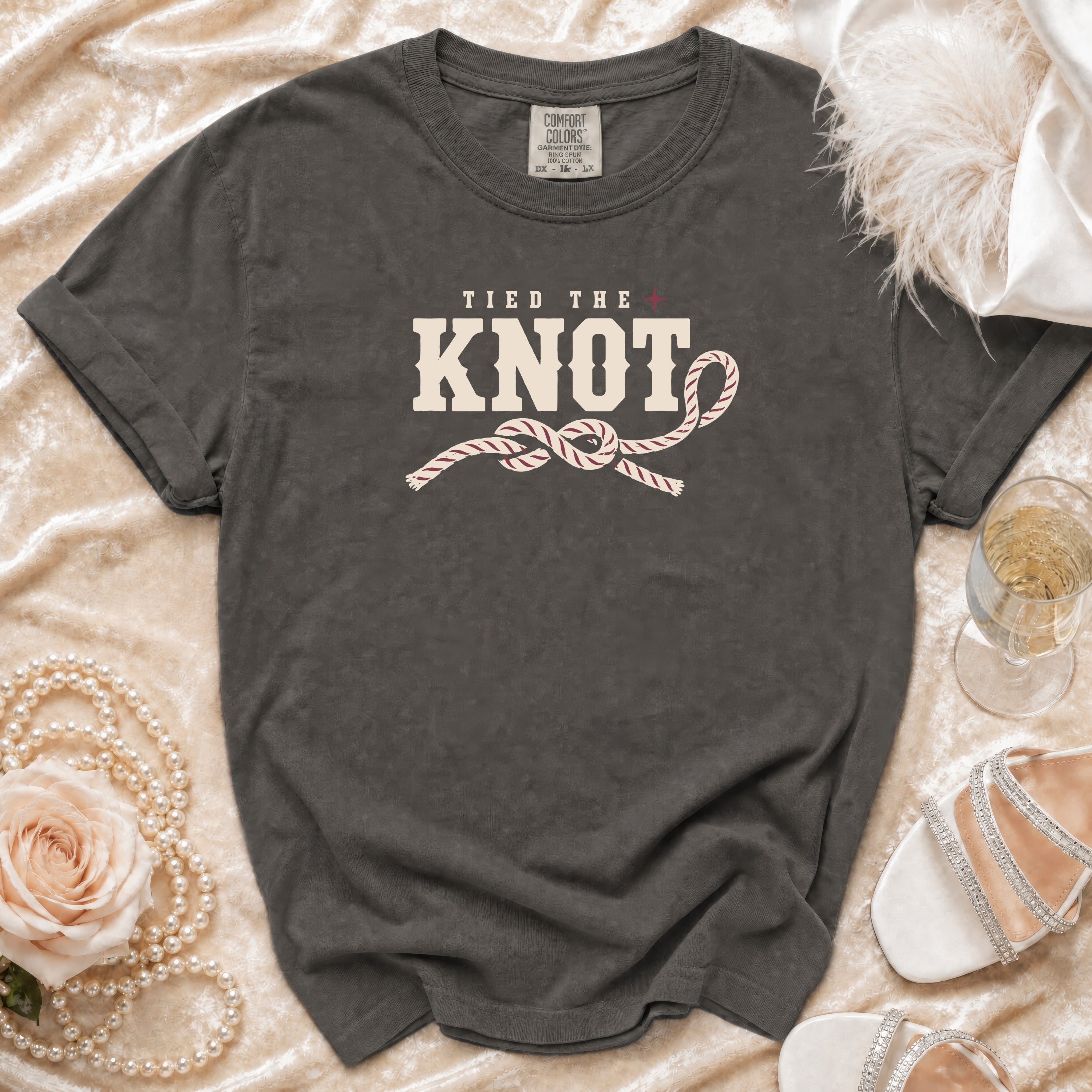 Comfort Colors dark grey t-shirt with "Tied the Knot" and rope graphic.