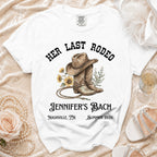 White t-shirt with "Her Last Rodeo Jennifer's Bach Nashville, TN Summer 2026" and cowboy boots graphic.