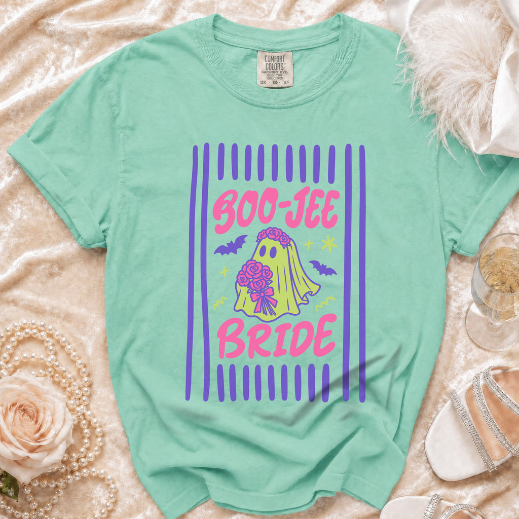 Mint green t-shirt with "Boo-Jee Bride" text and ghost graphic.