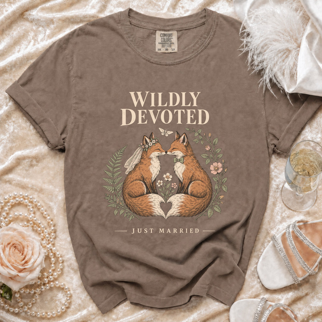 T-shirt with foxes, flowers, and "Wildly Devoted Just Married" text.