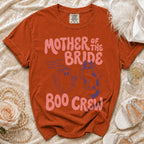 Orange t-shirt with "Mother of the Bride Boo Crew" text and cartoon ghosts.
