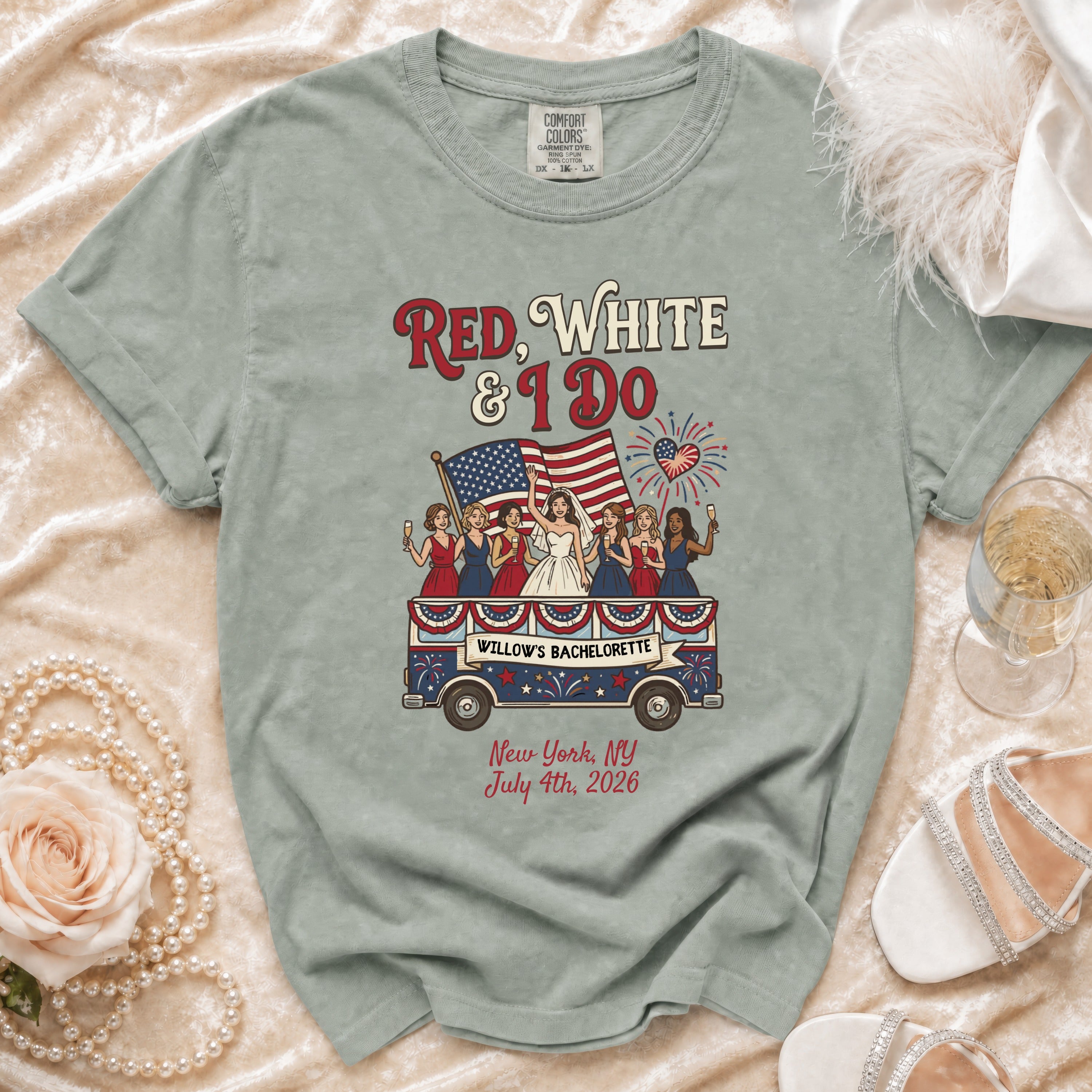 Bride on bus with US flag and fireworks, "Red, White & I Do" text.