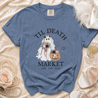 Blue t-shirt with "Til Death Market" ghost, pumpkin, and text "Veils Vows Voodoo".