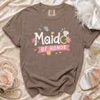 Comfort Colors brown t-shirt with "Maid of Honor" text and engagement ring graphic.