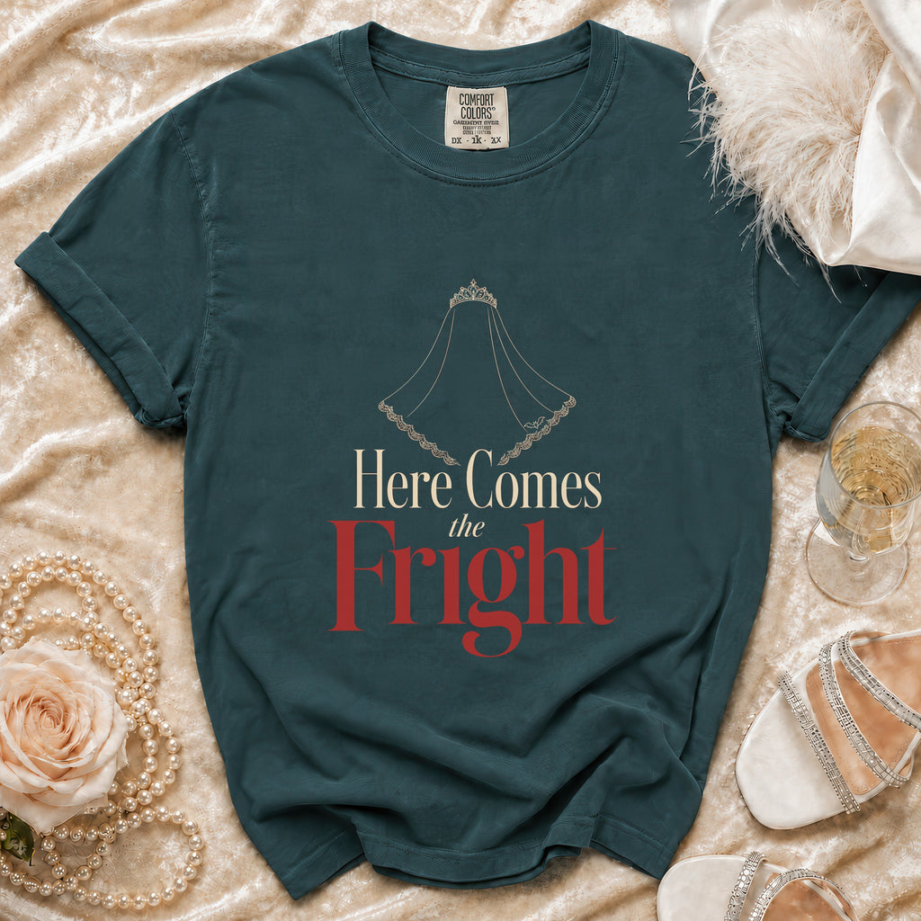 Teal t-shirt with a veil graphic and text "Here Comes the Fright."