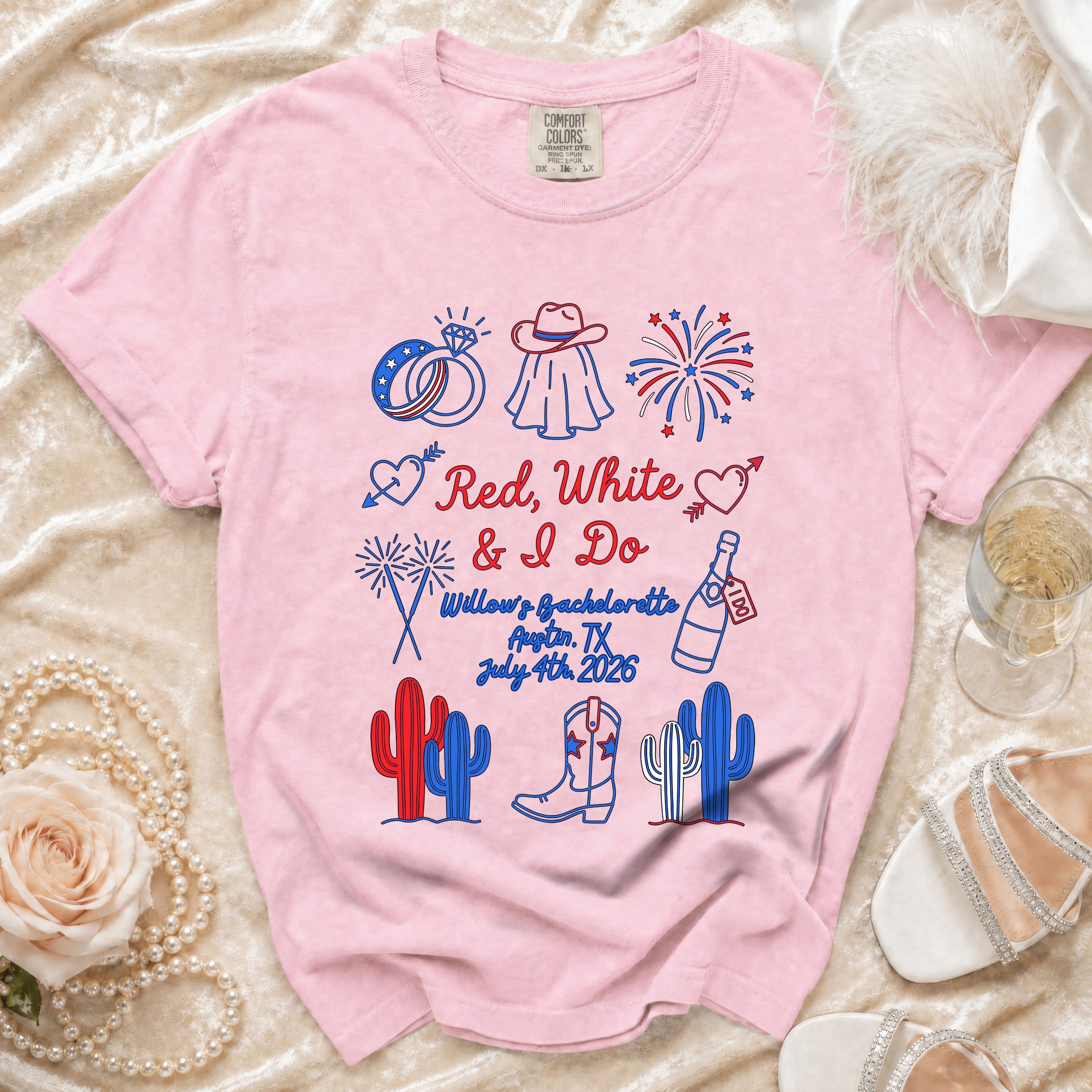 Pink t-shirt with "Red, White & I Do" and bachelorette details.