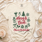 Cream t-shirt with "Merry & Bride" and holiday icons, "Olivia's Bachelorette Aspen, CO."