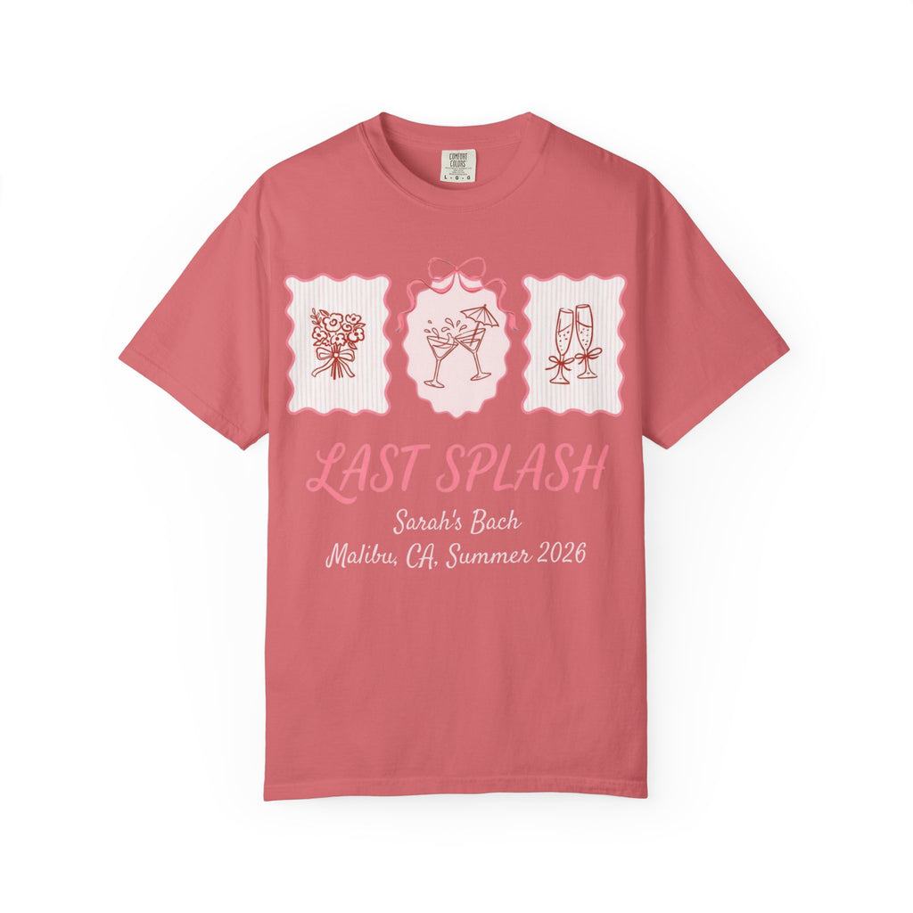Coral t-shirt with "Last Splash" text and festive graphics.
