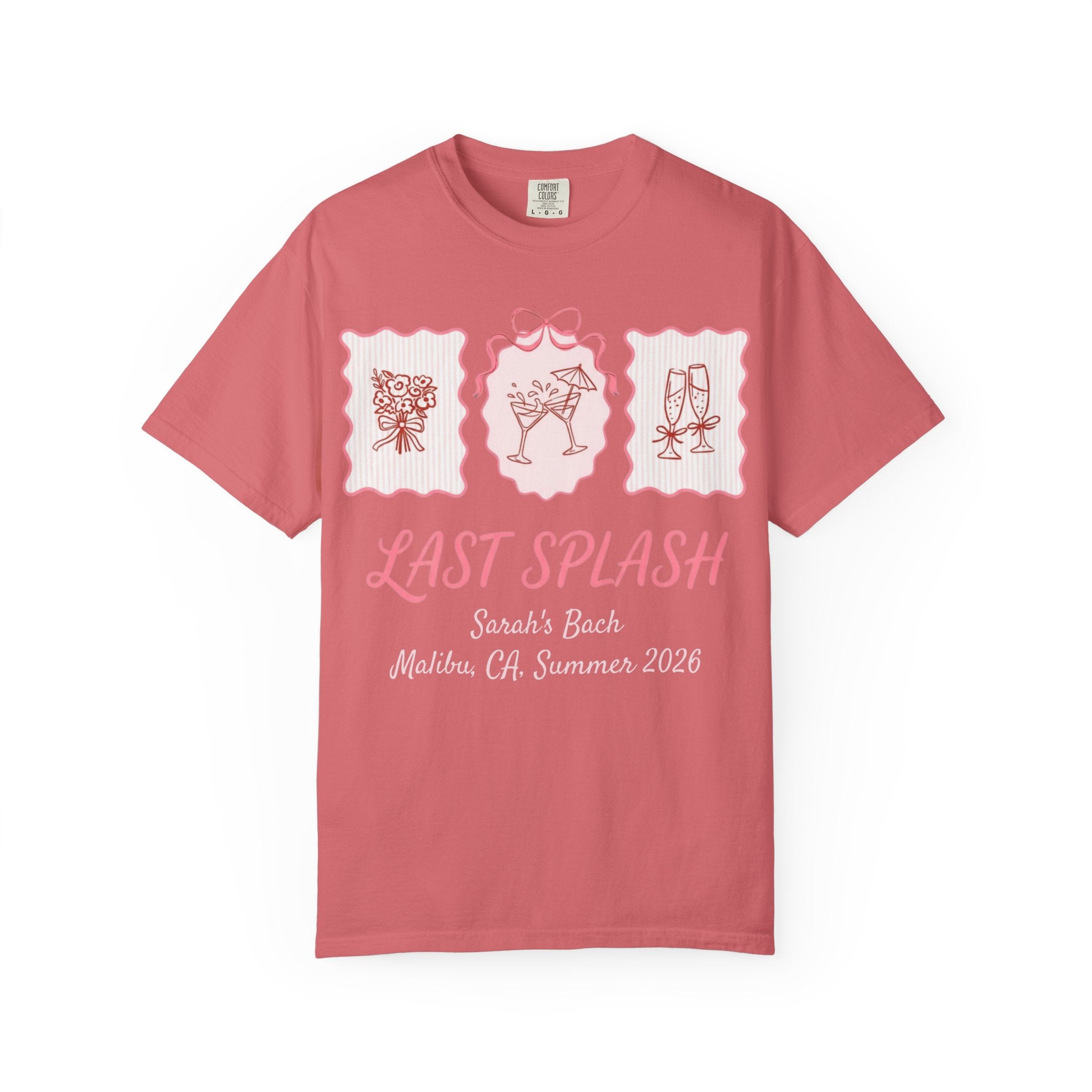 Coral t-shirt with "Last Splash" text and festive graphics.