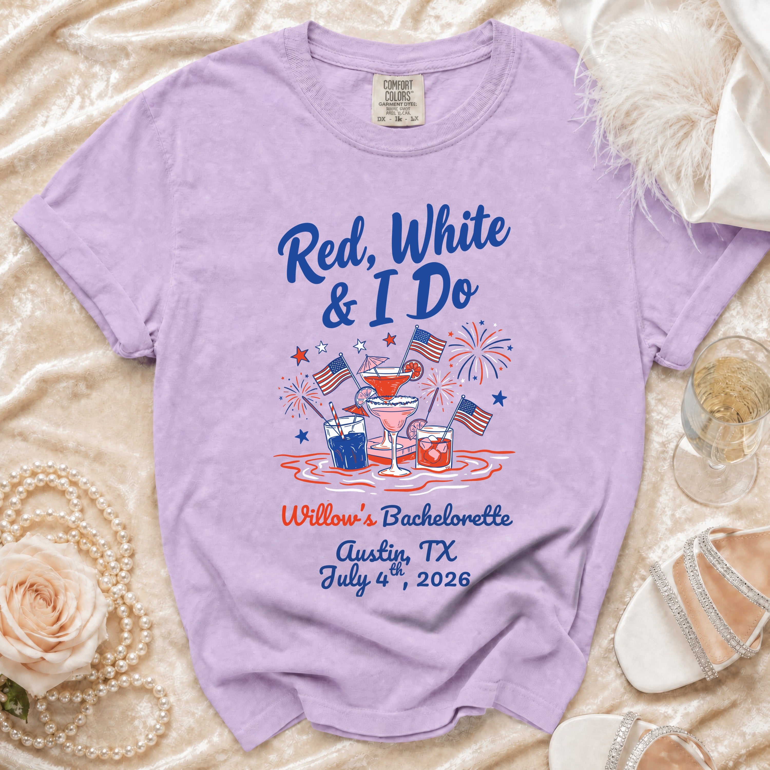 Lavender t-shirt with "Red, White & I Do" and bachelorette party details.