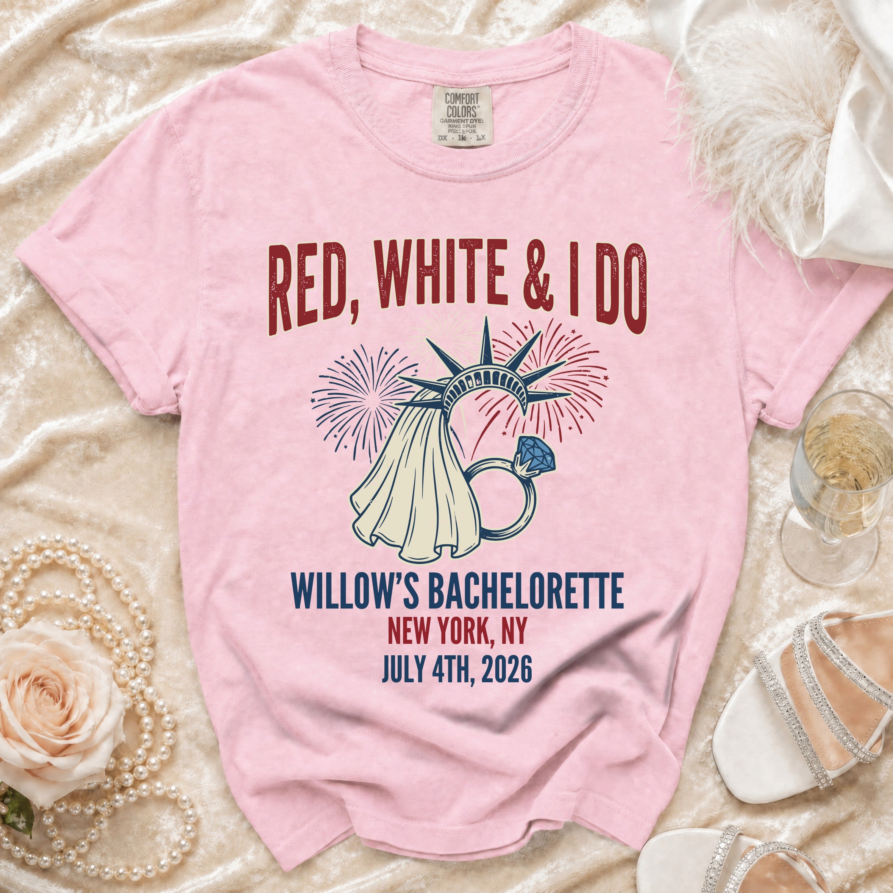 "Red, White & I Do" Willow's Bachelorette NYC July 4th, 2026 shirt.