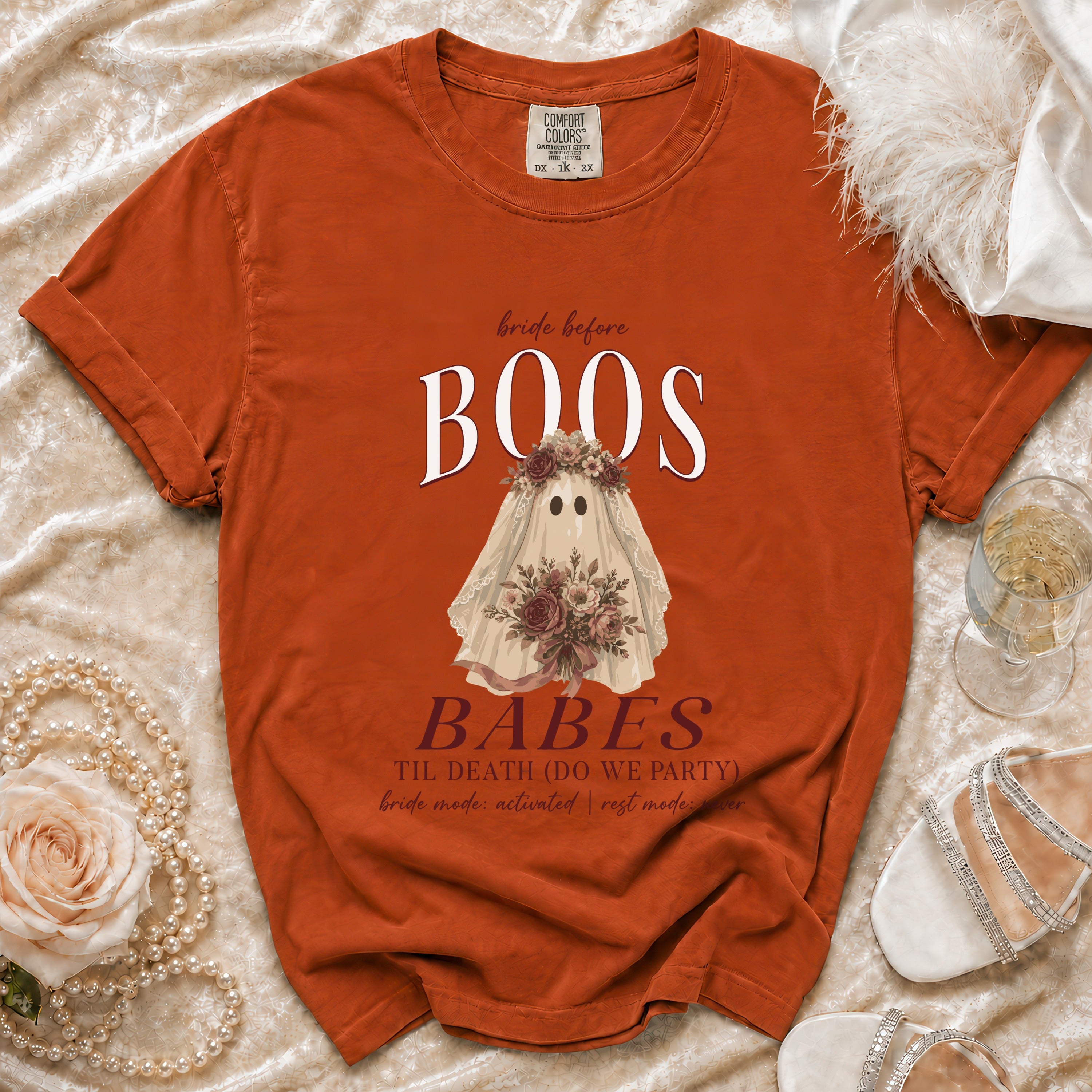 Orange t-shirt with "bride before BOOS BABES" text and a ghost bride graphic.