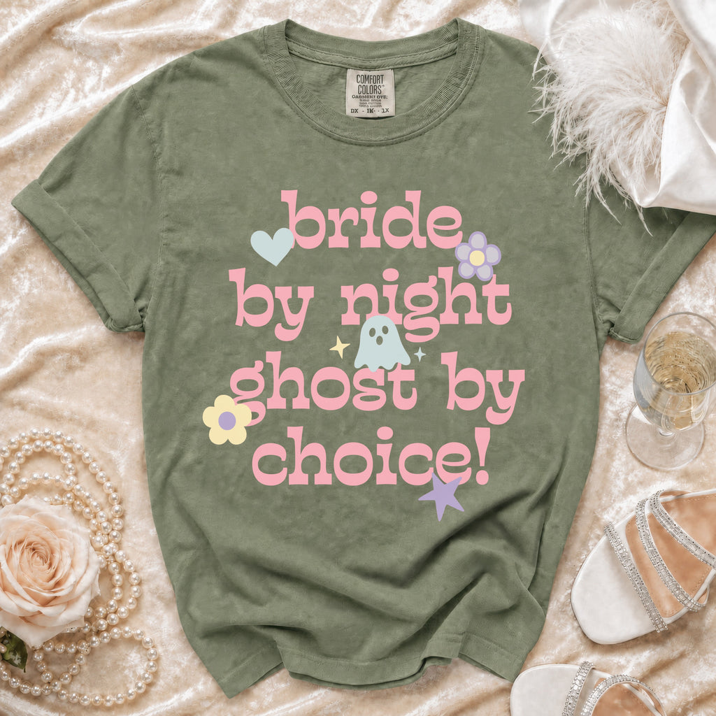 Olive green t-shirt with "bride by night ghost by choice!" text in pink.