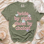 Olive green t-shirt with "bride by night ghost by choice!" text in pink.