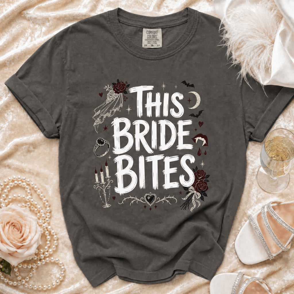 This bride bites t-shirt features gothic wedding graphics and text.