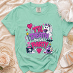 Teal t-shirt with "Til Death Do Us Party" text and a ghost bride graphic.