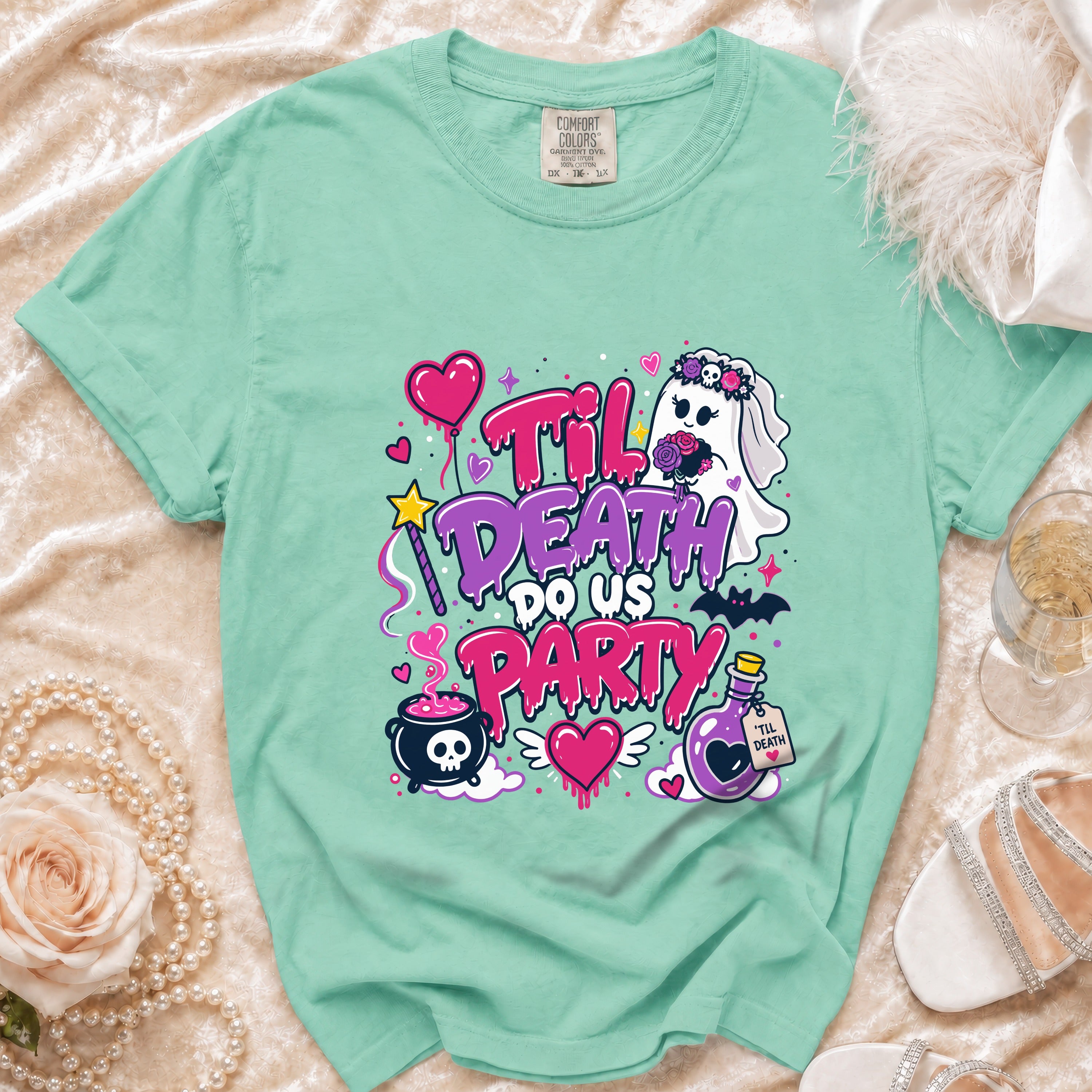 Teal t-shirt with "Til Death Do Us Party" text and a ghost bride graphic.