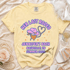 Yellow t-shirt with "Her Last Rodeo Jennifer's Bach Nashville, TN Summer 2026" graphic.