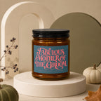 Amber candle in glass jar with "Fabulous Mother of the Groom" text label.