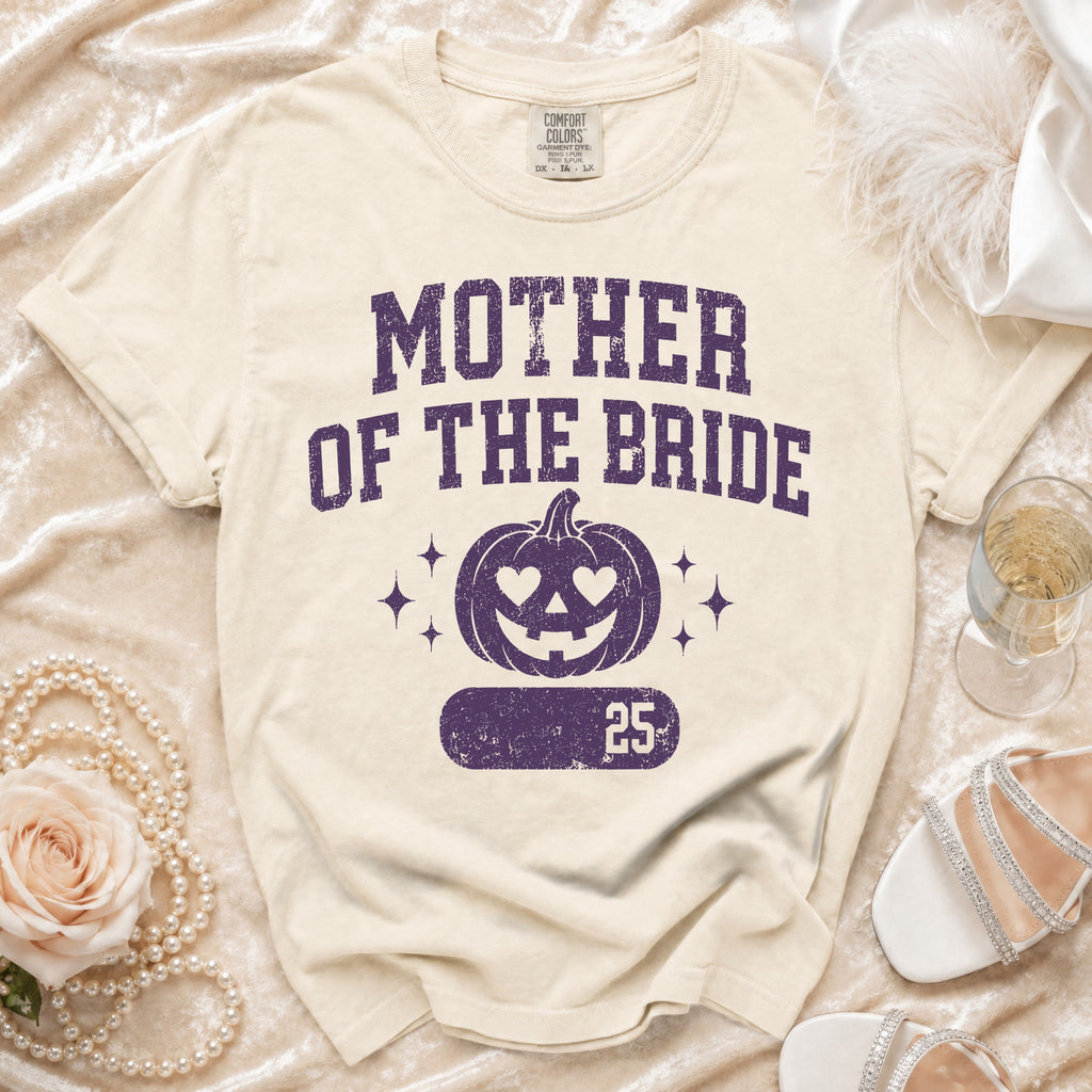 Comfort Colors "Mother of the Bride" t-shirt with pumpkin graphic and "25".
