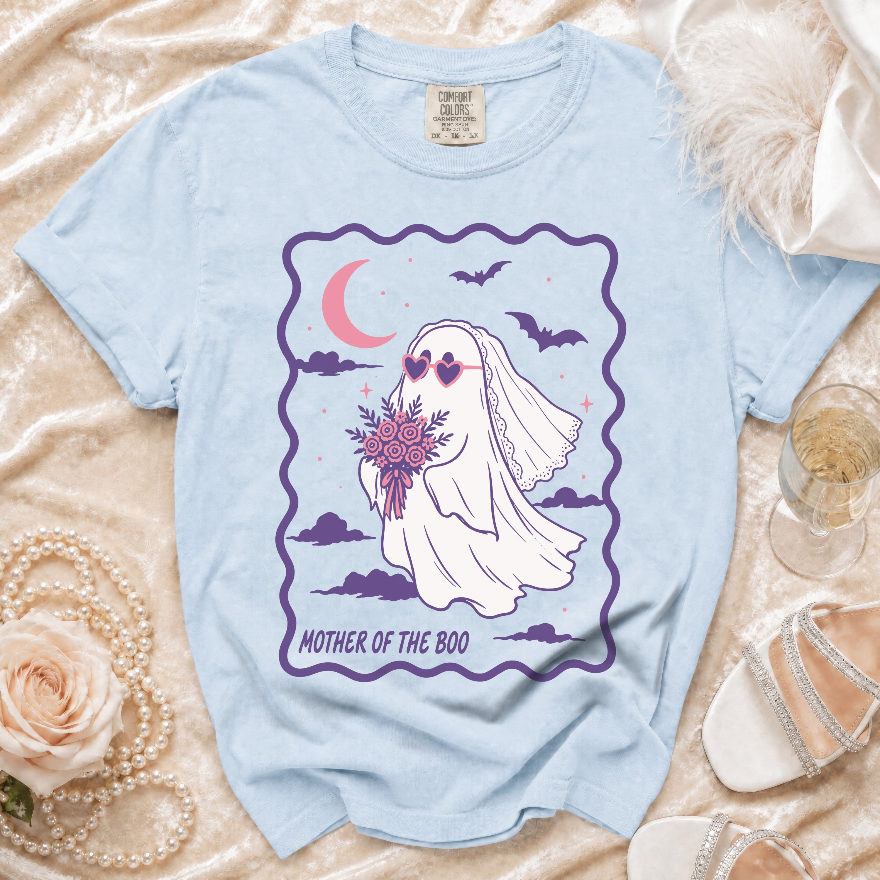 Ghost bride with heart sunglasses holding flowers, text "Mother of the Boo."