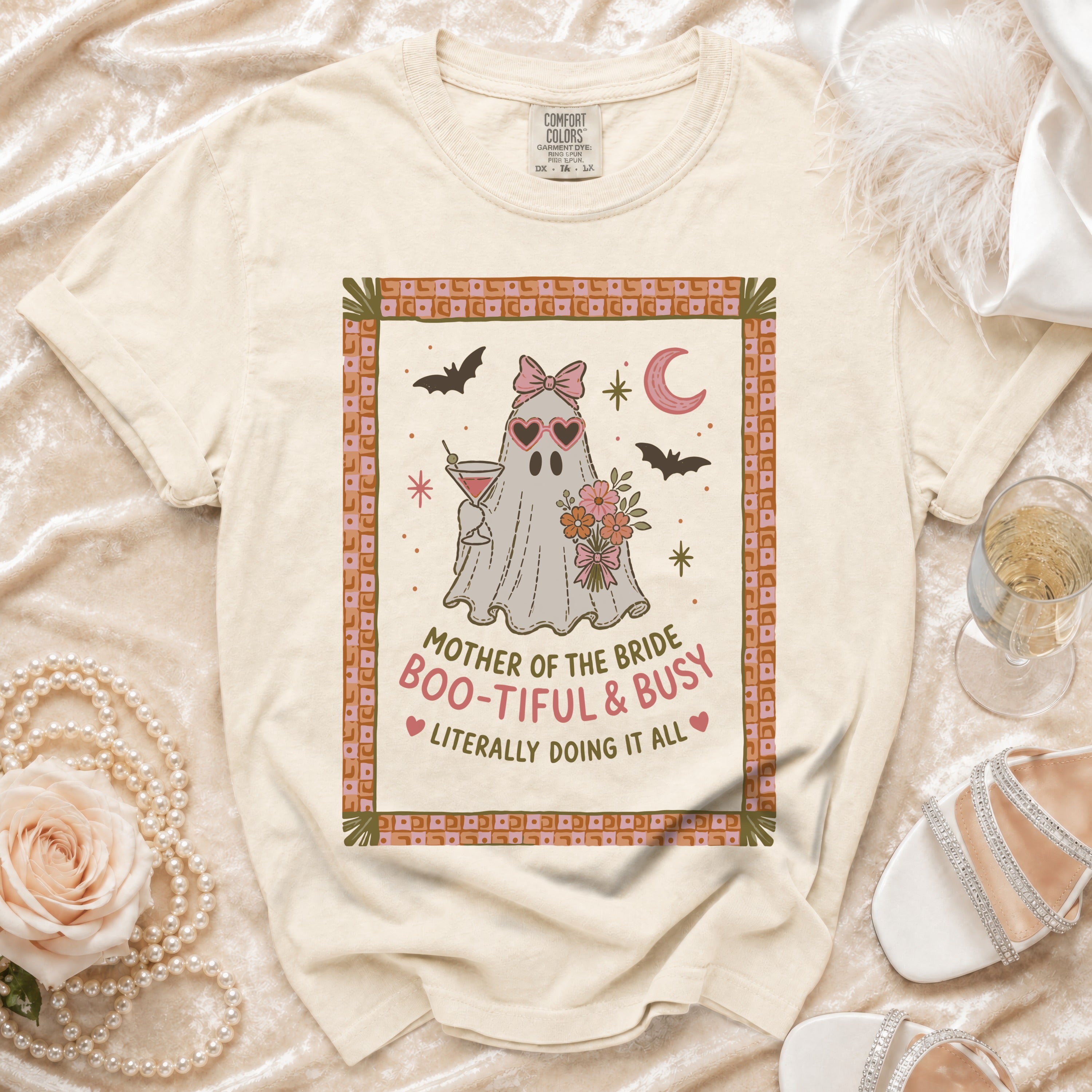 "Mother of the Bride Boo-tiful & Busy" graphic tee with a ghost wearing sunglasses.
