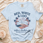 Light blue t-shirt with "Red, White & I Do" fireworks, palm trees, and "Willow's Bachelorette" text.