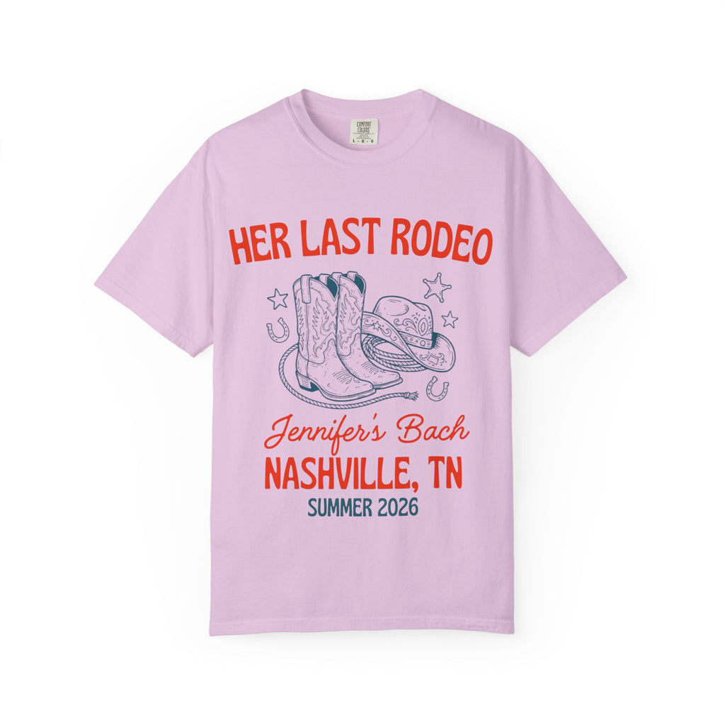 Lavender t-shirt with "Her Last Rodeo" and Nashville bachelorette details.