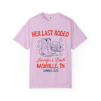 Lavender t-shirt with "Her Last Rodeo" and Nashville bachelorette details.